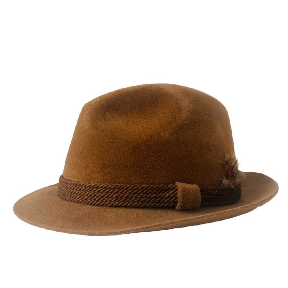 Vtg Dobbs Fifth Avenue NY Brown Felt Fedora Hat w/ Braided Band & Feather 7 1/8”